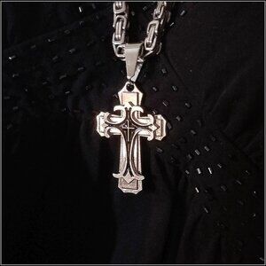 New - Unisex Solid Stainless Steel Cross Pendant & 24" Byzantine Link Chain